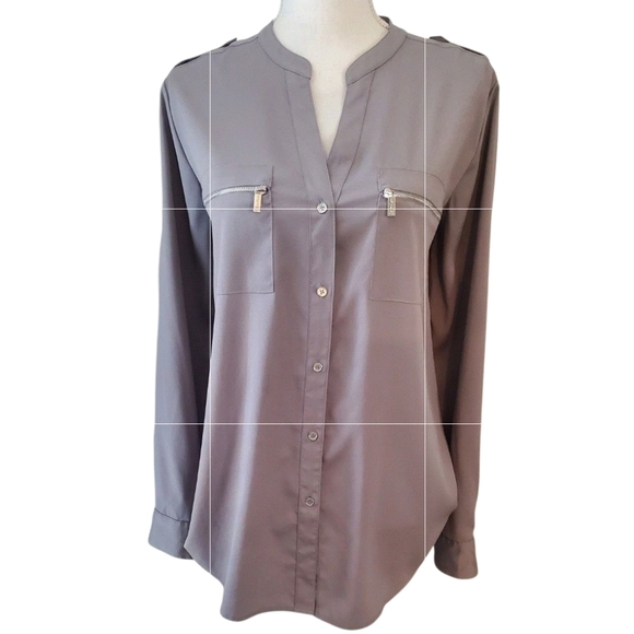Calvin Klein Gray Roll Tab Long Sleeve Button Down Blouse  Zipper Pockets Size L - Picture 3 of 10